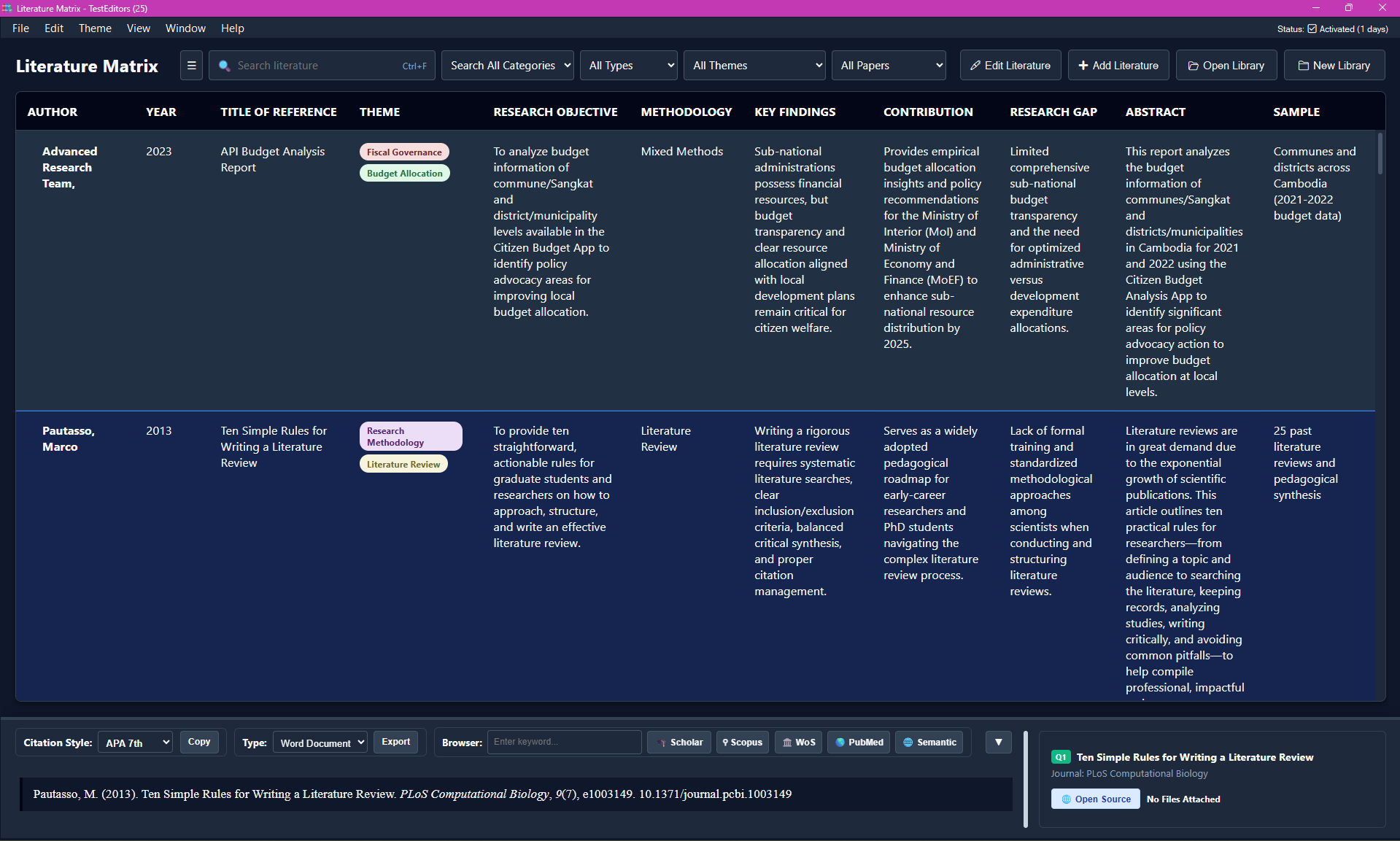 Literature Matrix Dark Theme